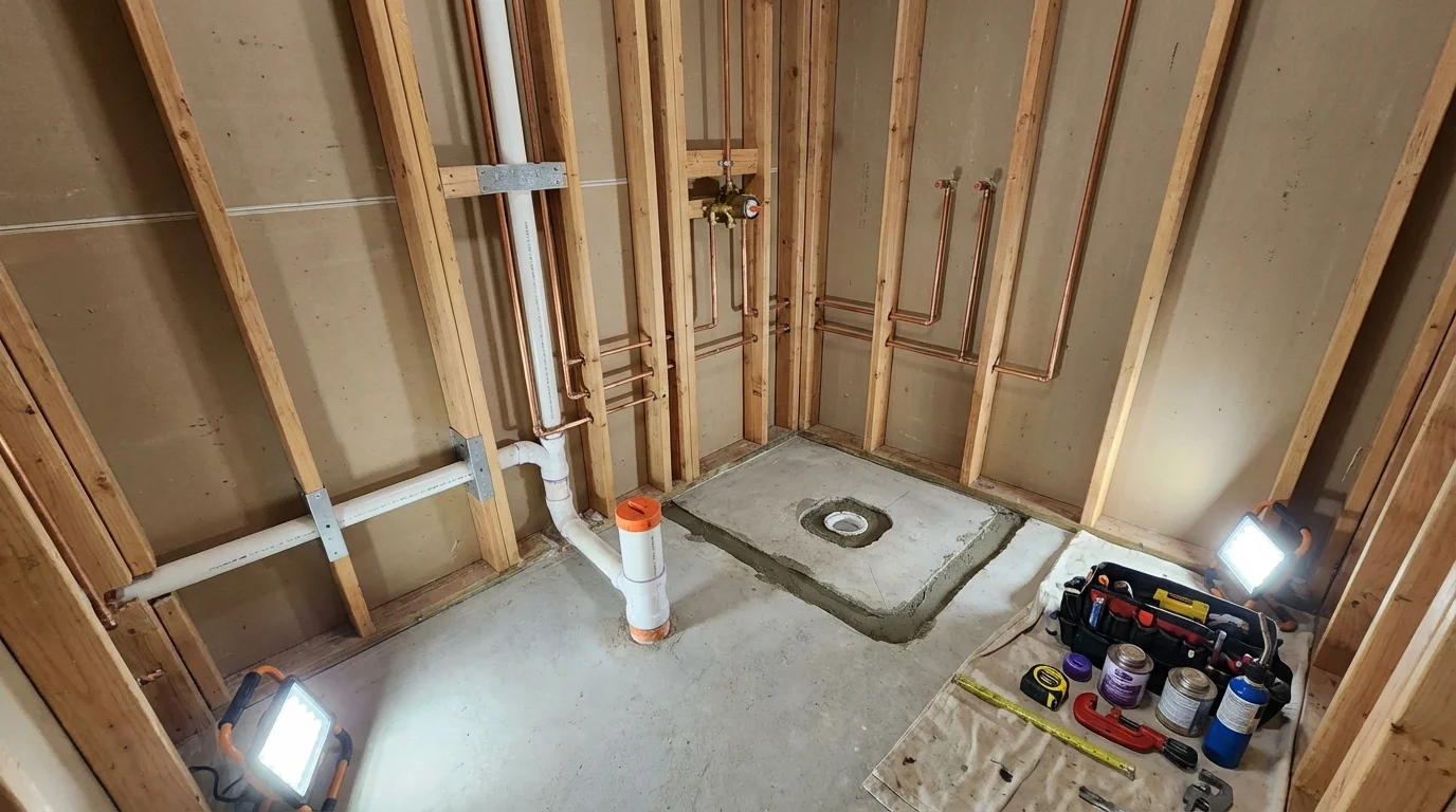 Bathroom rough-in plumbing during remodel by Johns Plumbing LLC in Horatio