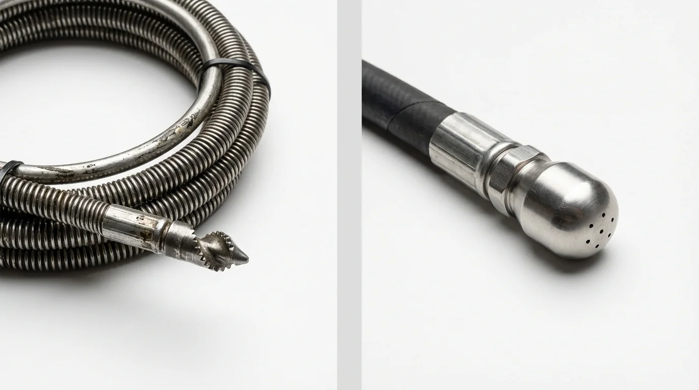 Drain snake cable and hydro jetting nozzle used for drain cleaning in Horatio, AR