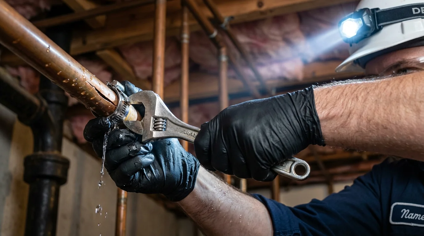 Emergency pipe clamp repair being performed by a Johns Plumbing LLC plumber in Horatio