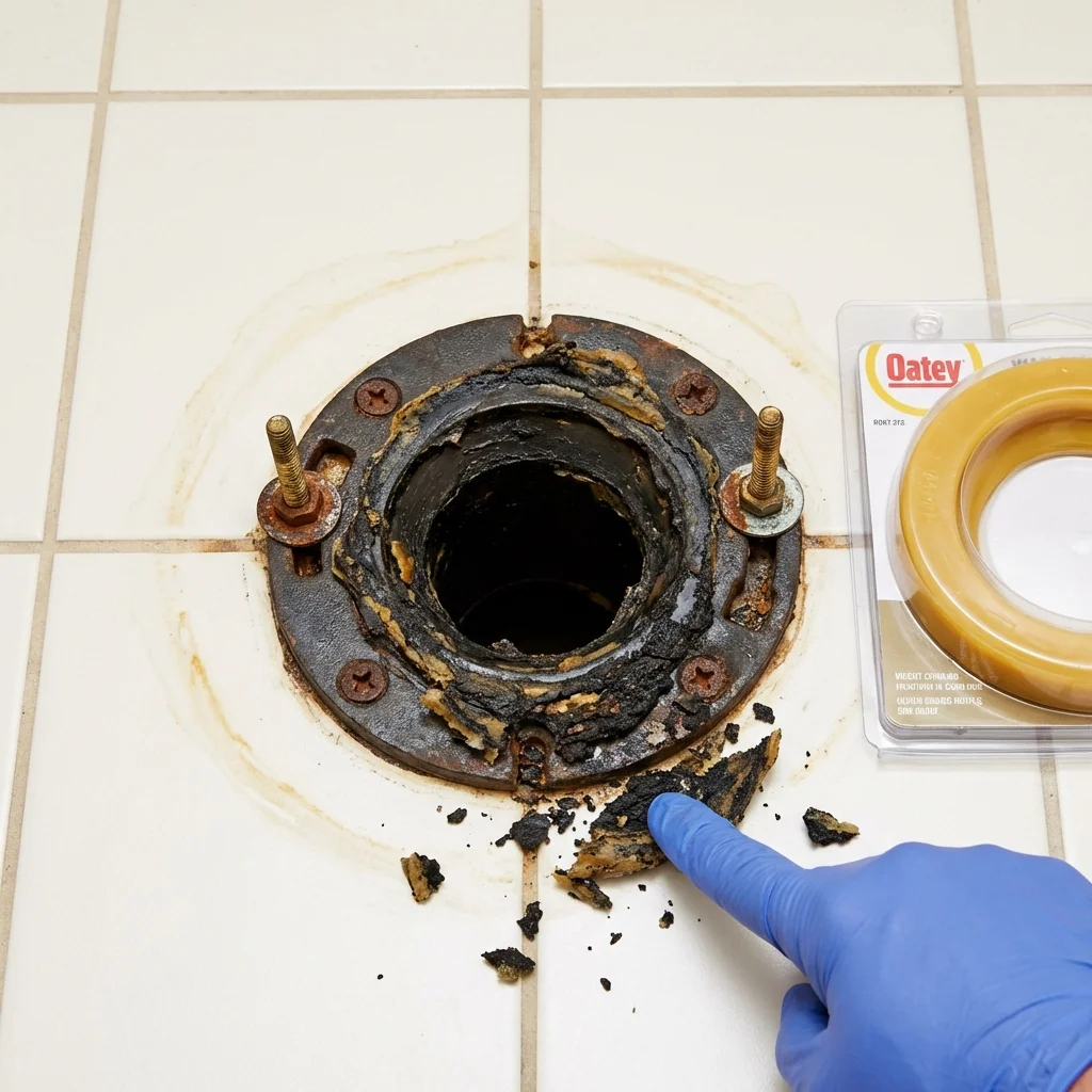 Failed wax ring showing water seepage at the base of a toilet in a Horatio, AR home